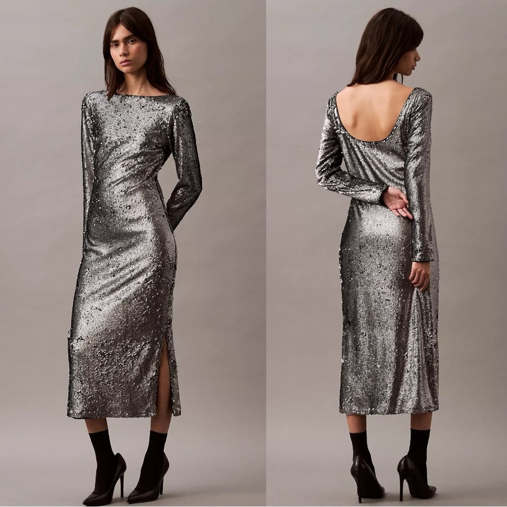 Calvin Klein Silver Sequin Midi Dress